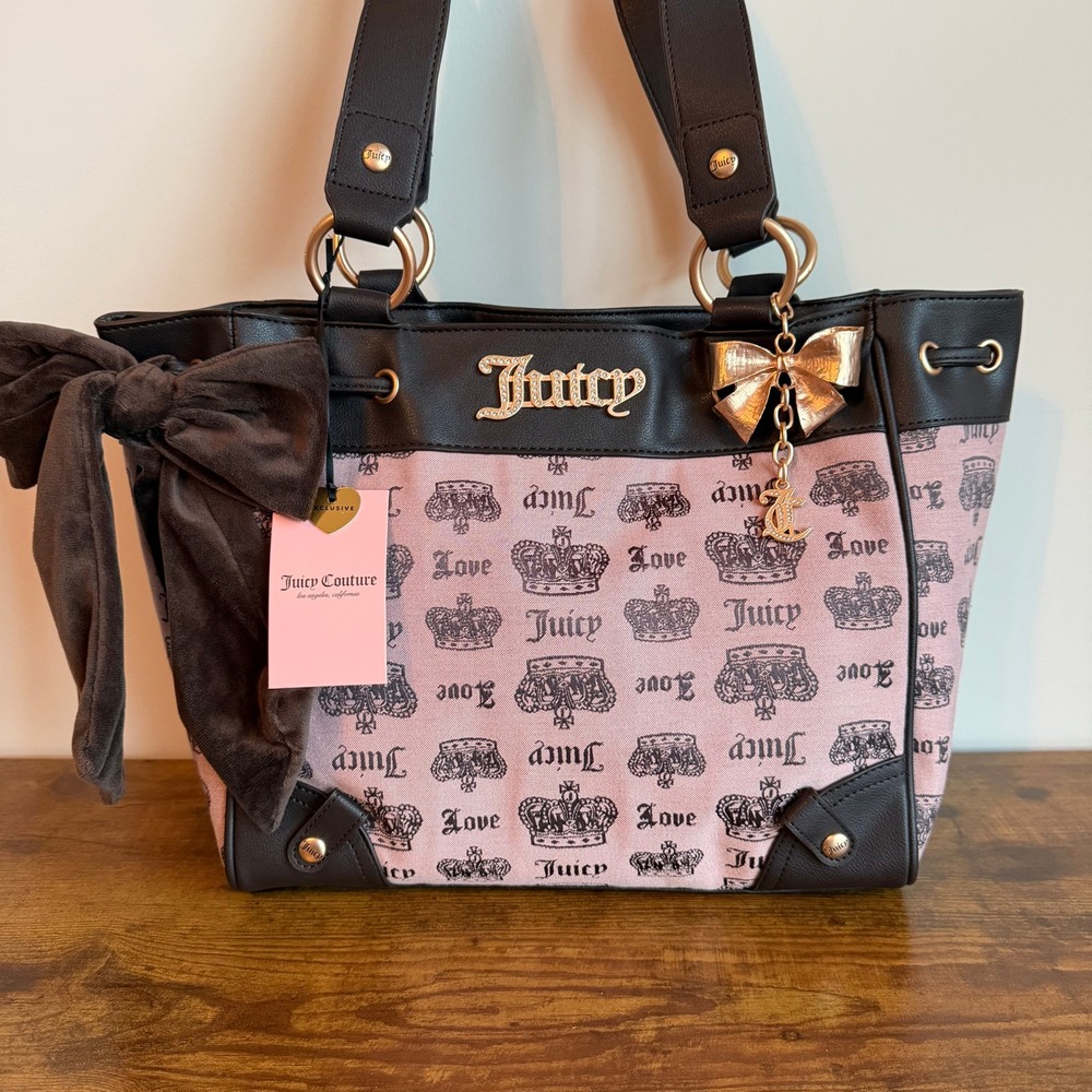 New Juicy Couture Vintage Couture Daydreamer Pink Brown Bow Tote Handbag Y2K